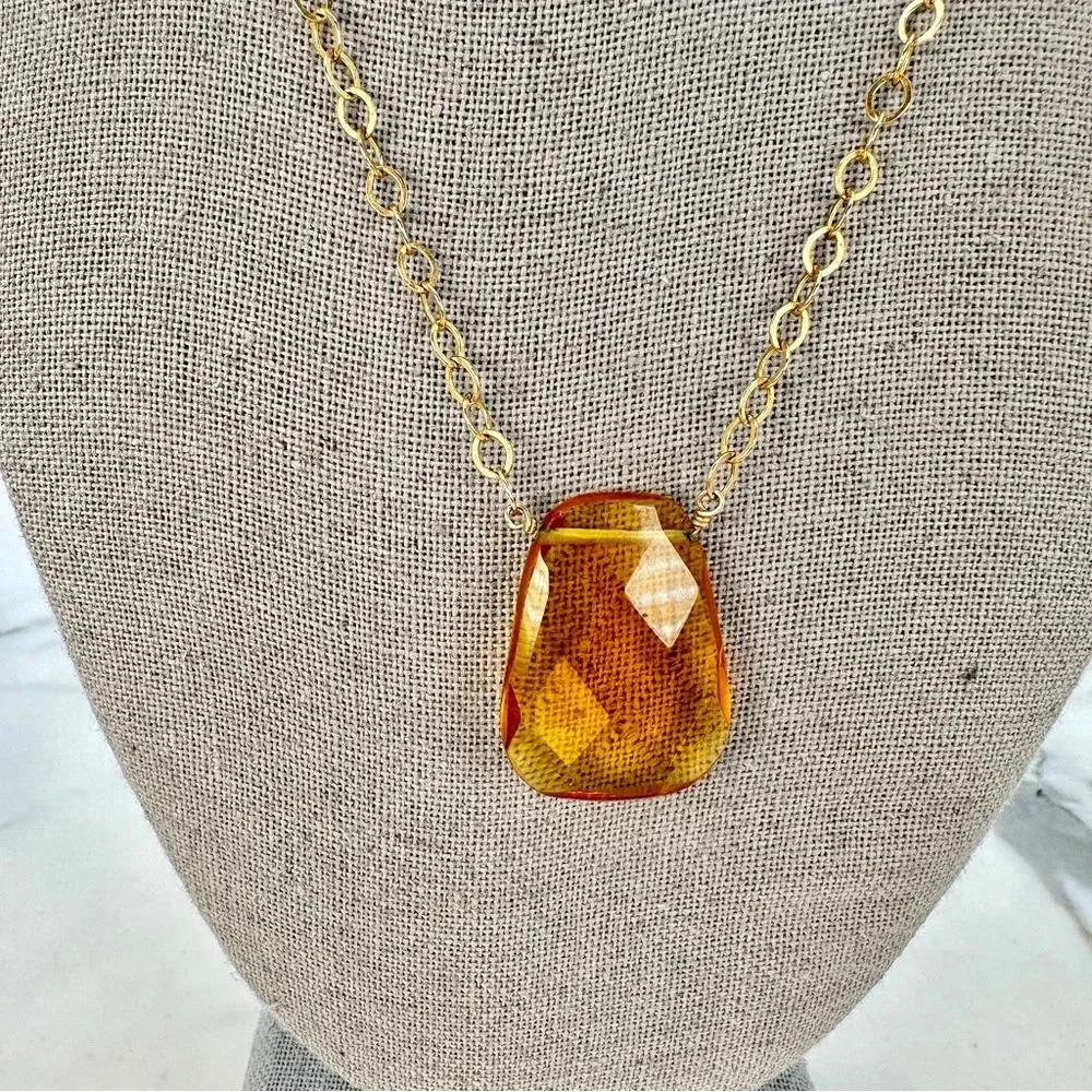 Honey Yellow Faceted Glass Pendant Necklace Delicate Chain Citrine Dangl